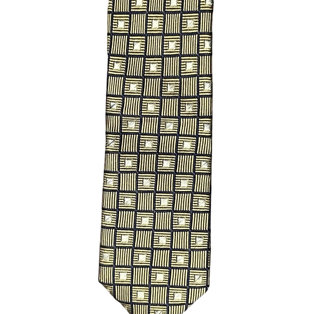 Tie Carven Paris Necktie Silk‎ Geometric Gold Black Silver Squares Dry Cleaned